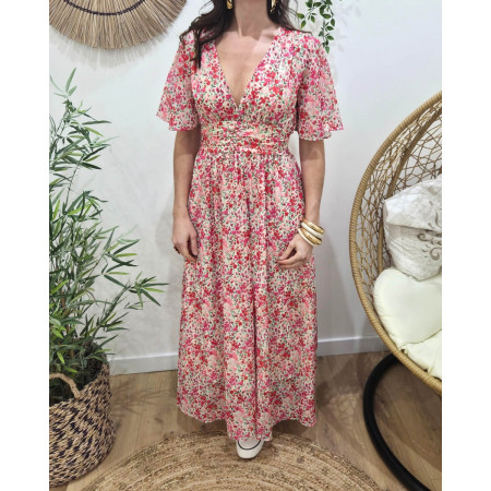Robe longue femme écrue fleurs roses rouges Noémie