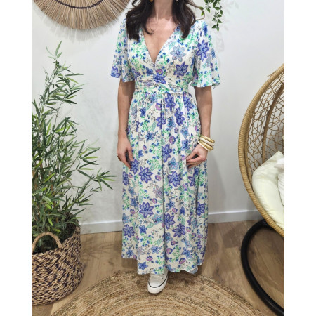 Robe longue femme écrue fleurs bleues et vertes Cassiopea