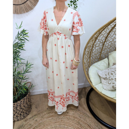Robe longue femme beige broderies rouges Sidera