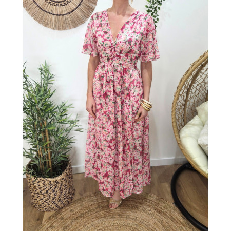 Robe longue femme rose motifs fleuris verts corail Aora