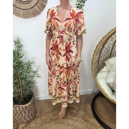 Robe longue femme beige palmiers et fleurs fuchsia et oranges
