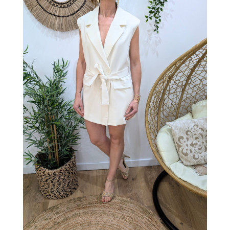 Robe blazer femme sans manches à nouer écrue