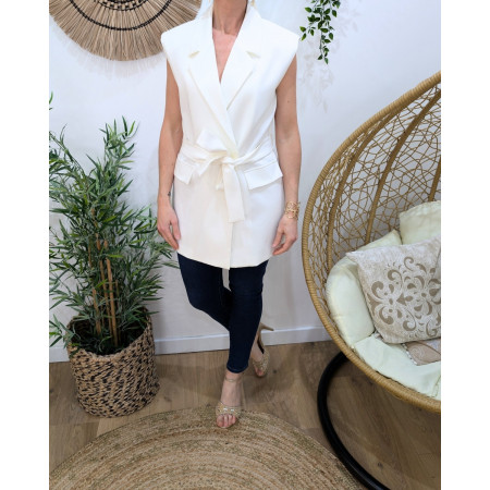Robe blazer femme sans manches à nouer blanche
