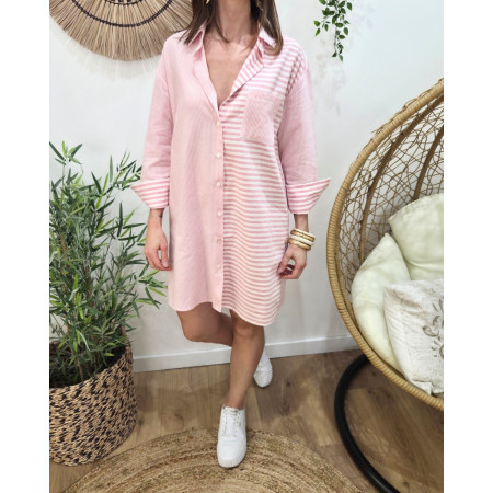  Robe femme droite écru et rose rayée Cosima