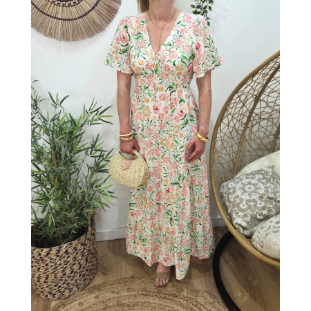  Robe longue femme écru motifs fleuris verts roses corail