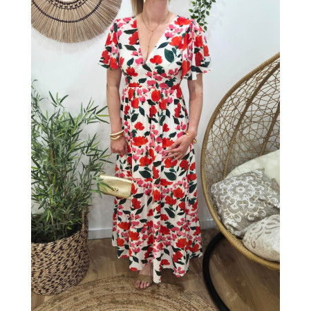  Robe longue femme écrue fleurs roses rouges et vertes Edoarda