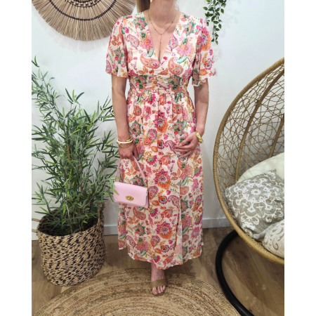  Robe longue femme écrue fleurs roses orangées et vertes Gisella