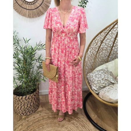  Robe longue femme écrue motifs fuchsia Gemma