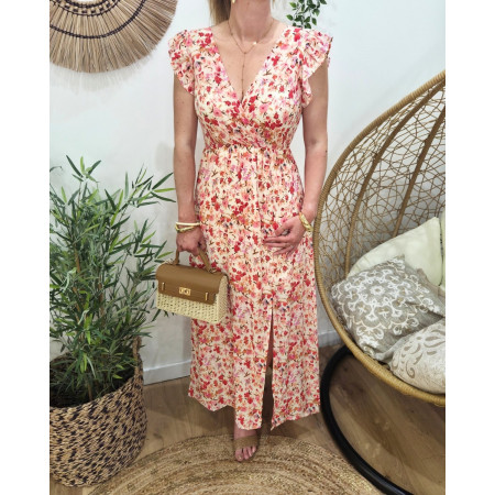 Robe longue femme beige fleurs roses Mencía