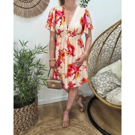  Robe femme beige grosses fleurs roses oranges jaunes Aurora