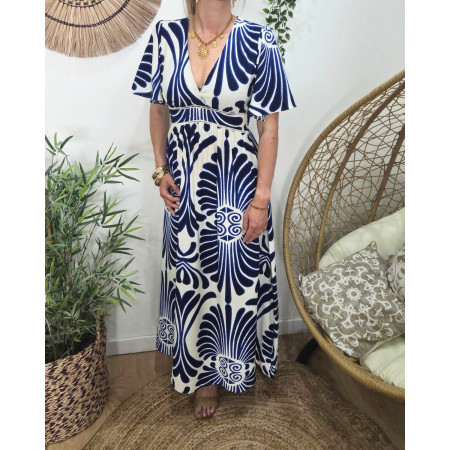  Robe longue femme manches volantes bleu roi et blanche Signy