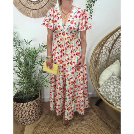 Robe femme longue écrue imprimés fleuris oranges fuchsia multicolores