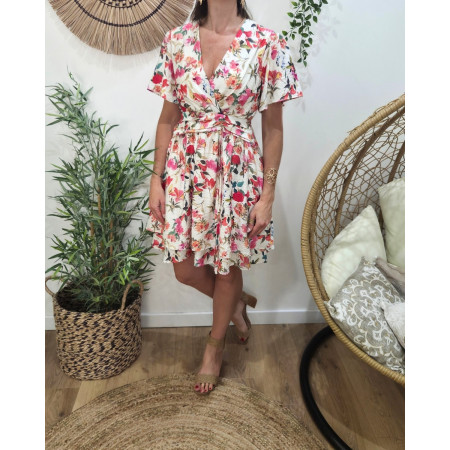  Robe courte femme écru fleurs roses orangées Aurelia
