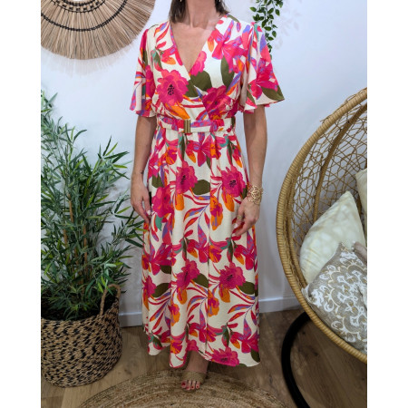 Robe longue femme beige fleurs fuchsias oranges kaki Majkenia