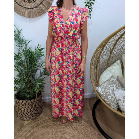  Robe longue femme fleurs roses et jaunes Ambra