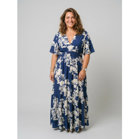Robe longue femme bleu marine fleurs blanches Pelaya