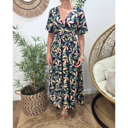 Robe longue femme marine feuilles vertes et beiges manches courtes