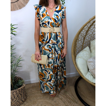 Robe longue femme à motifs marine beige verte Alizée