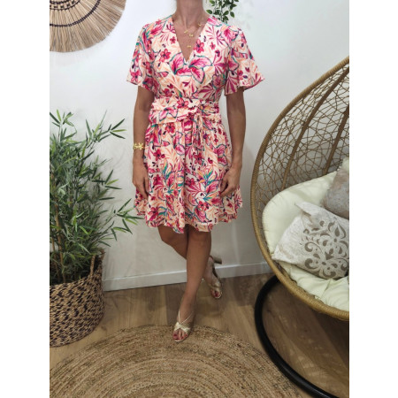  Robe courte femme beige fleurs fuchsias multicolores Zélia