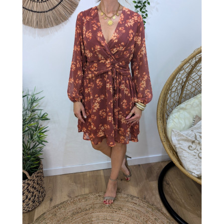 Robe courte femme terracotta motifs fleuris liseré cuivré