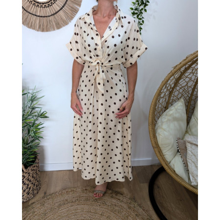  Robe longue femme chemise nouée à pois beige et marron