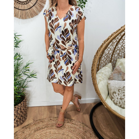  Robe droite femme écrue motifs bleus et marrons Bohdana
