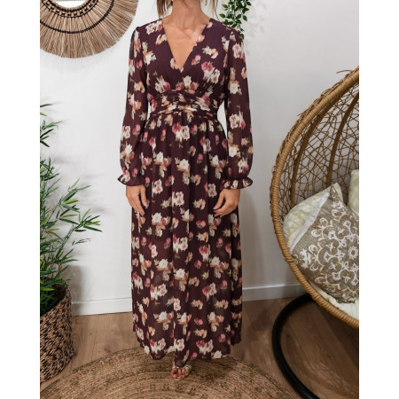 Robe longue femme prune à fleurs Mimosa