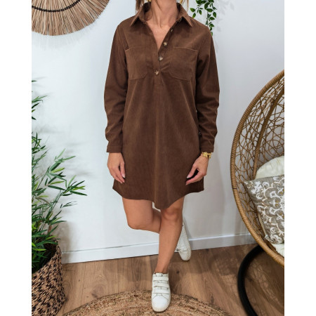  Robe courte droite femme velours cotelé marron