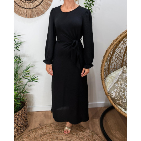  Robe longue femme nouée noire Elise manches longues