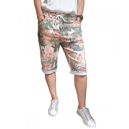 Short fluide blanc fleurs corail et feuillages kaki