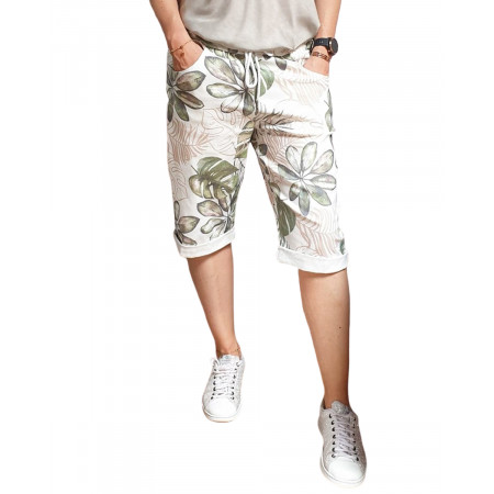 Short fluide blanc feuillages exotiques kaki et beige