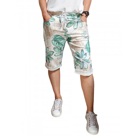 Short fluide blanc feuillages exotiques vert et beige