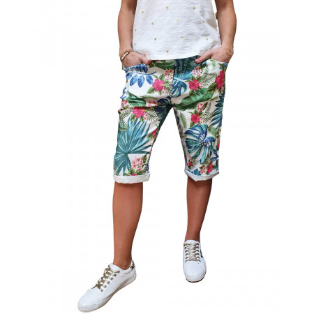 Short fluide blanc fleurs roses feuillage bleu et vert