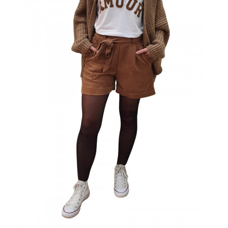 Short velour côtelé ceinture nouée taupe foncé