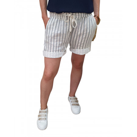 Short femme fluide rayé gris et beige broderies