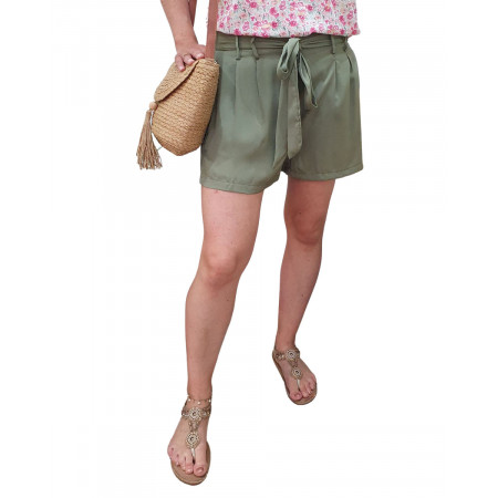 Short femme fluide satiné kaki