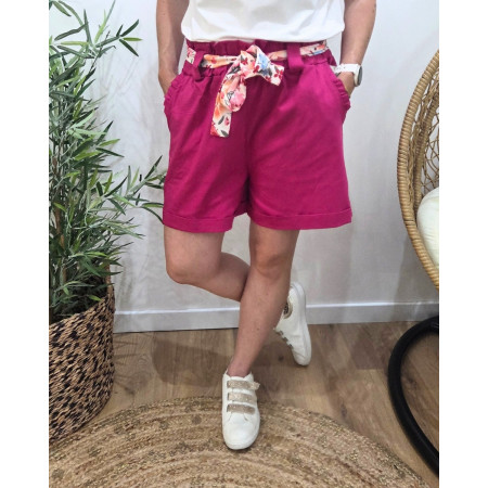 Short femme rose fuchsia ceinture fleurie Zita