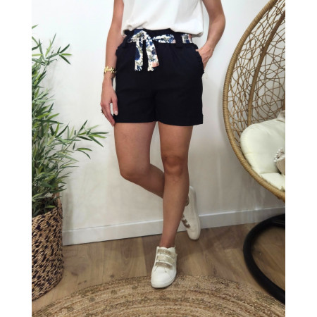 Short femme bleu marine ceinture fleurie Zita