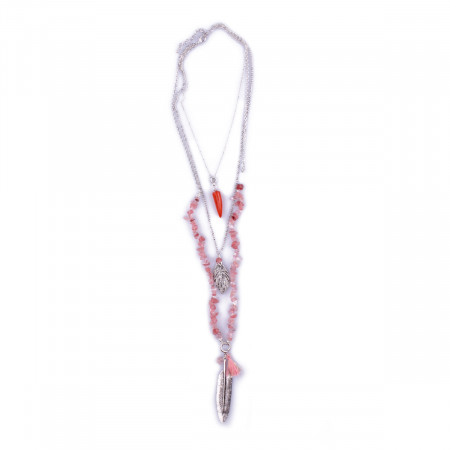 Sautoir Lolilota perles cristaux roses et plumes argentées