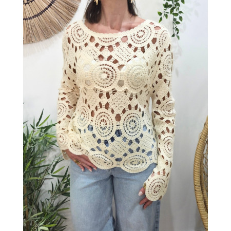 Top femme crochet manches longues beige Isild