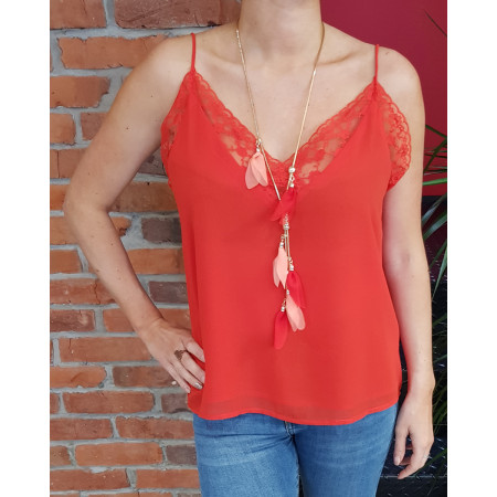 Top rouge décolleté dentelle fleurie