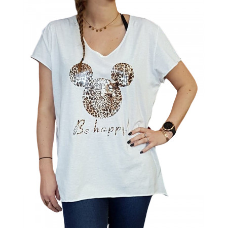 T-Shirt oversize blanc Mickey léopard Be Happy