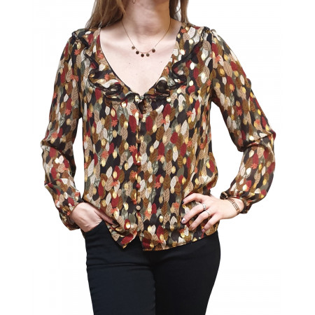 Chemisier col volant feuillage vert rouge beige pois dorés