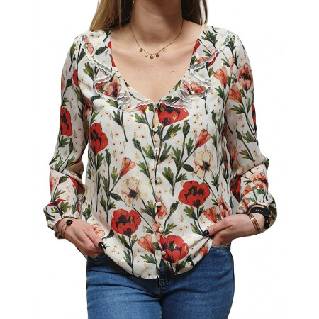 Chemisier blanc coquelicots rouges et blancs losanges dorés et col volant