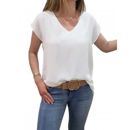 Top femme blanc liseré doré dos noué