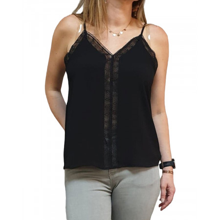 Top noir à bretelles descente broderies ajourées