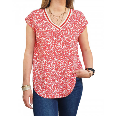 Blouse grande taille rouge fleurs liberty blanches