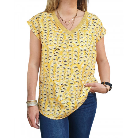 Blouse grande taille moutarde eventails noirs et blancs