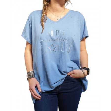 T-Shirt oversize bleu indigo la tête dans les étoiles