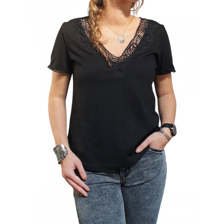 T-shirt noir manches courtes col V à broderies